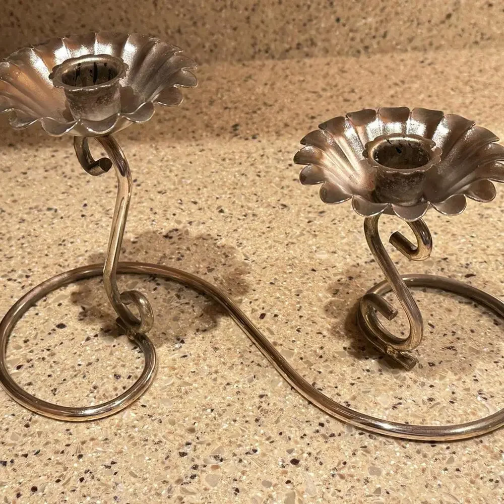 Vintage Mid-Century Silver Tone Double Candlestick Holder